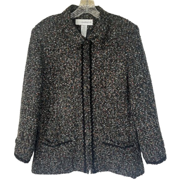 Sag Harbor Tweed Front Zip Jacket Blazer Coat Womens 14 Black Pockets - Picture 1 of 9